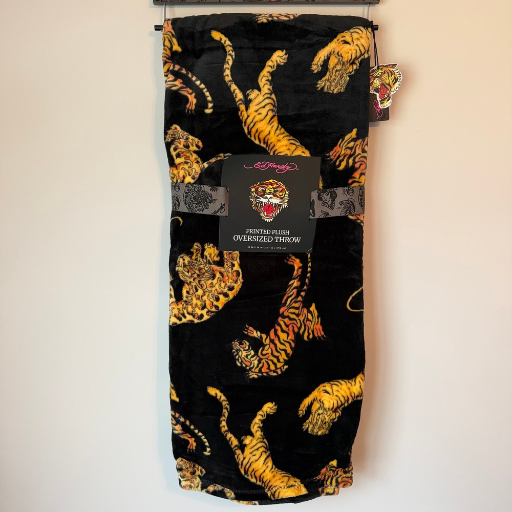New Ed Hardy Black Throw Blanket 60x70 Tiger Yellow Orange Striped Y2K